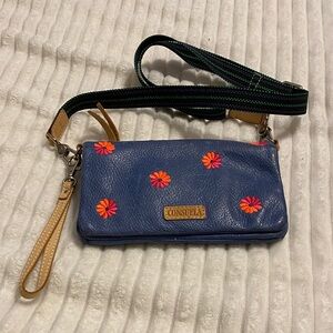 Consuela Blue Crossbody Bag with Pink and Orange Floral Accents